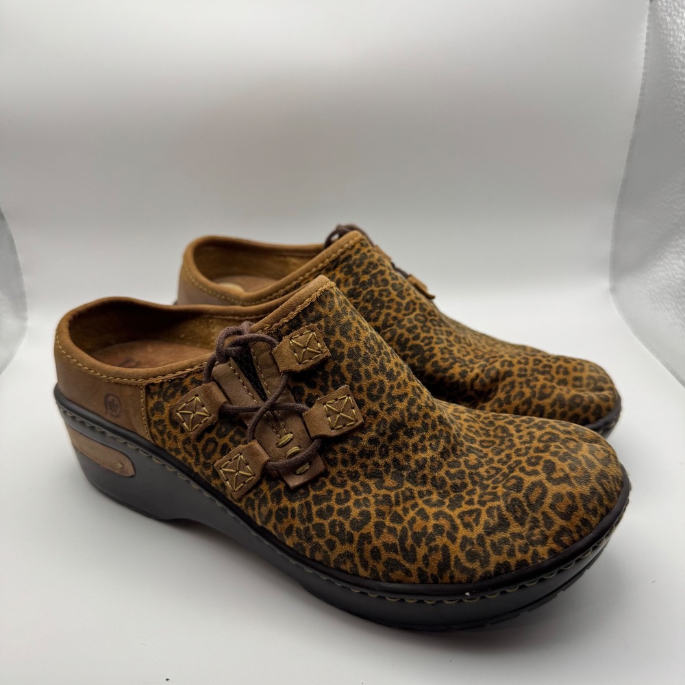 Born Womens Leopard Print Calf Hair Leather Clog Mules Tan Brown Size 7 Y2K